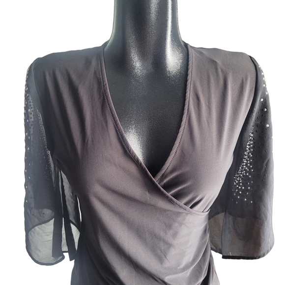 Black Collection Faux Wrap Cropped Bell Sleeve Top S - Picture 2 of 8